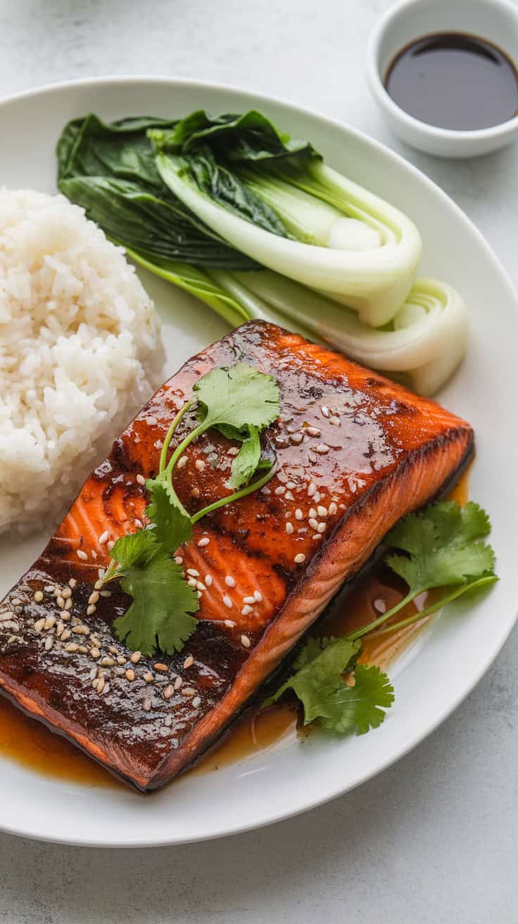 Miso ginger glazed salmon served with jasmine rice and bok choy, garnished with sesame seeds and fresh cilantro. The salmon has a glossy miso glaze, with a rich, umami depth and slightly crispy edges.