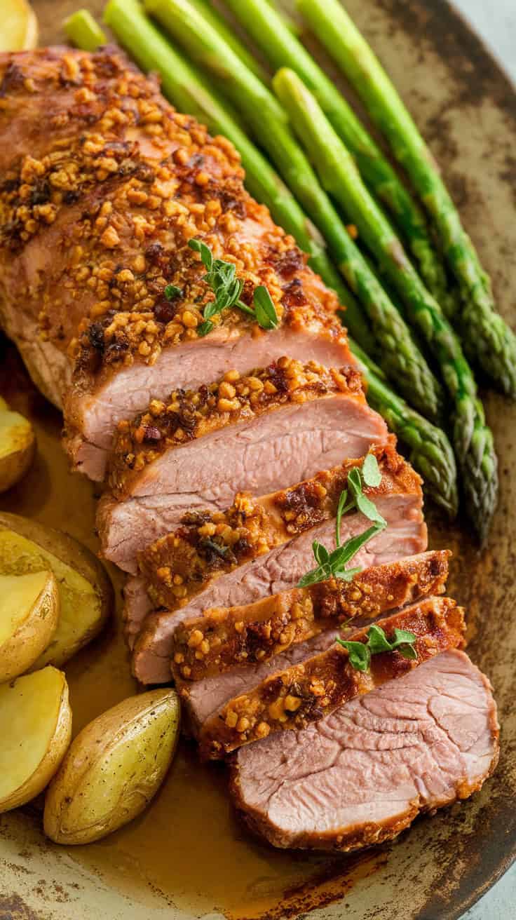 Sliced mustard-crusted pork tenderloin served on a platter with roasted potatoes and asparagus, garnished with fresh herbs and drizzled with pan juices.
