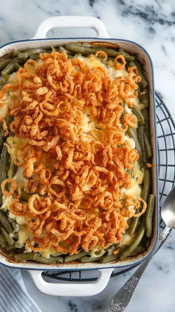 A photo of a golden, bubbling green bean casserole in a 9x13 dish, topped with crispy fried onions fresh out of the oven. The dish sits on a trivet over a marble surface, and a spoon rests beside it, ready to serve.