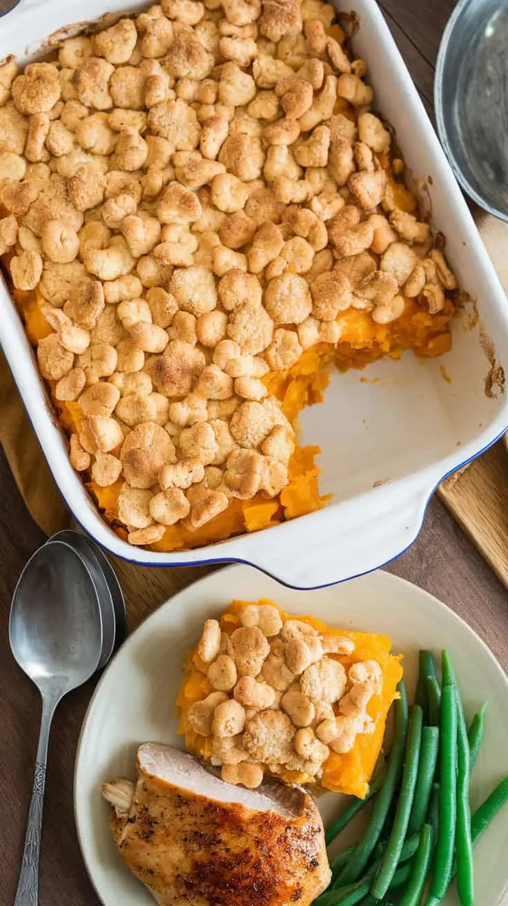 A photo of a freshly baked squash casserole in a white 9x13 dish. The casserole has a golden cracker topping and the edges are slightly bubbling. A serving spoon rests beside the dish. A portion of the casserole is scooped out onto a plate next to roasted chicken and green beans. The plate and utensils are on a wooden surface.