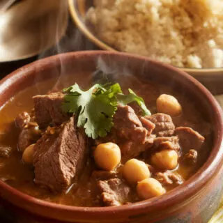 A bowl of Moroccan beef stew with tender beef, chickpeas, and a thick, spiced broth, garnished with cilantro. Served alongside couscous and warm pita bread.
