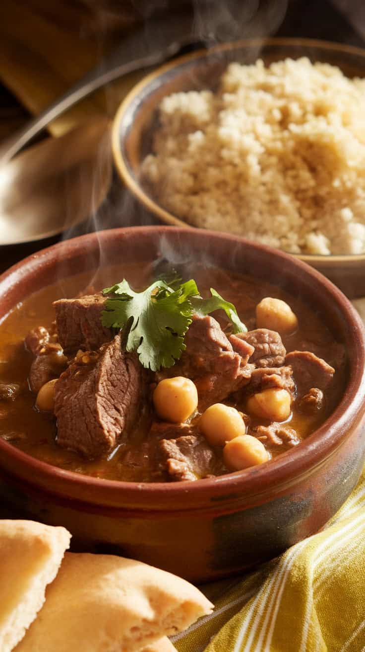 A bowl of Moroccan beef stew with tender beef, chickpeas, and a thick, spiced broth, garnished with cilantro. Served alongside couscous and warm pita bread.