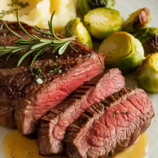 A photo of a perfectly cooked filet mignon steak. The steak rests on a white ceramic plate, sliced to reveal a warm pink center. The steak is topped with fresh rosemary, and there is a drizzle of butter sauce pooled around it. A side of garlic mashed potatoes and roasted Brussels sprouts complete the dish.