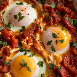 A close-up photograph of a Persian-Omelette in a white ceramic dish. Four perfectly cooked eggs with bright yellow yolks are nestled in a vibrant red tomato sauce. The sauce is rich with diced tomatoes and red bell peppers, garnished with finely chopped fresh green herbs scattered across the surface. The eggs are surrounded by melted white egg whites that have mixed with the tomato sauce, creating a creamy orange-red mixture, with a gentle steam rising from the dish.