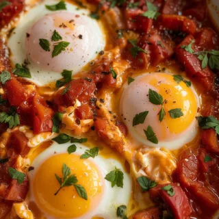 A close-up photograph of a Persian-Omelette in a white ceramic dish. Four perfectly cooked eggs with bright yellow yolks are nestled in a vibrant red tomato sauce. The sauce is rich with diced tomatoes and red bell peppers, garnished with finely chopped fresh green herbs scattered across the surface. The eggs are surrounded by melted white egg whites that have mixed with the tomato sauce, creating a creamy orange-red mixture, with a gentle steam rising from the dish.