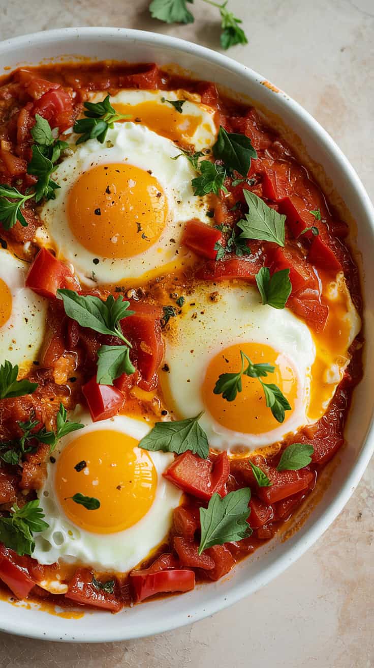 A close-up photograph of a Persian-Omelette in a white ceramic dish. Four perfectly cooked eggs with bright yellow yolks are nestled in a vibrant red tomato sauce. The sauce is rich with diced tomatoes and red bell peppers, garnished with finely chopped fresh green herbs scattered across the surface. The eggs are surrounded by melted white egg whites that have mixed with the tomato sauce, creating a creamy orange-red mixture, with a gentle steam rising from the dish.