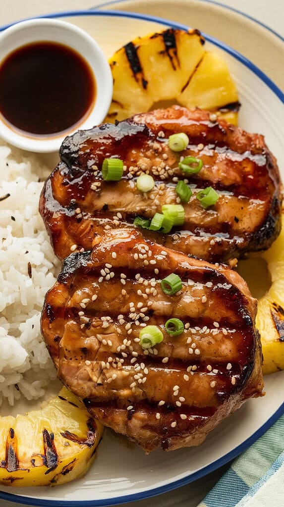 Grilled pineapple teriyaki pork chops with a caramelized glaze, served with coconut rice, grilled pineapple rings, and garnished with sesame seeds and green onions, with extra teriyaki sauce on the side.