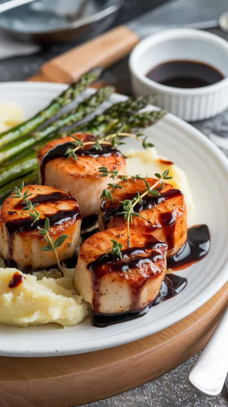 Balsamic glazed baked scallops served on a plate with roasted asparagus and mashed potatoes. The scallops are coated in a glossy, caramelized glaze, garnished with fresh thyme for a refined presentation.