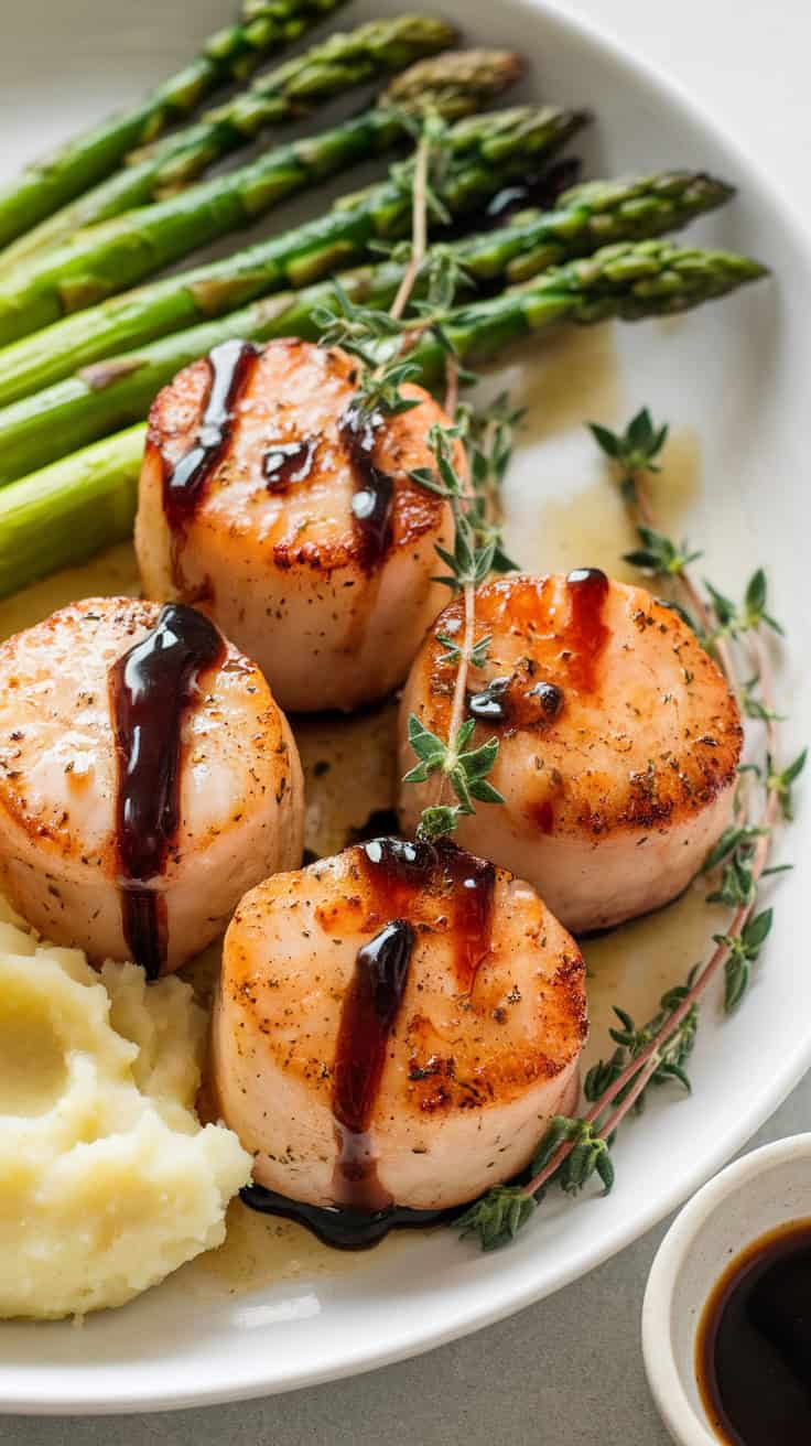 Balsamic glazed baked scallops served on a plate with roasted asparagus and mashed potatoes. The scallops are coated in a glossy, caramelized glaze, garnished with fresh thyme for a refined presentation.