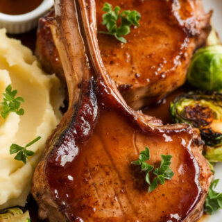 Bourbon glazed pork chops served on a white plate, covered in a deep caramelized glaze. The dish is garnished with fresh parsley and paired with garlic mashed potatoes and roasted Brussels sprouts. A small bowl of extra glaze is placed beside the plate, ready for drizzling.
