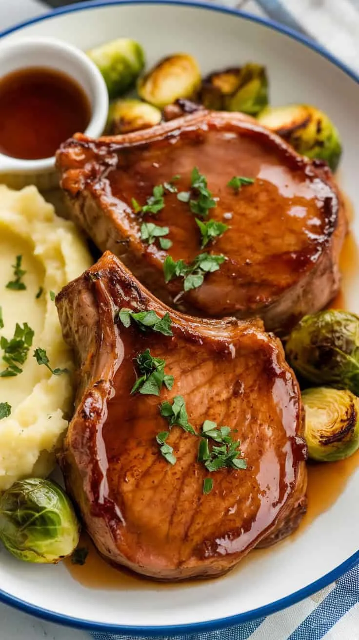 Bourbon glazed pork chops served on a white plate, covered in a deep caramelized glaze. The dish is garnished with fresh parsley and paired with garlic mashed potatoes and roasted Brussels sprouts. A small bowl of extra glaze is placed beside the plate, ready for drizzling.