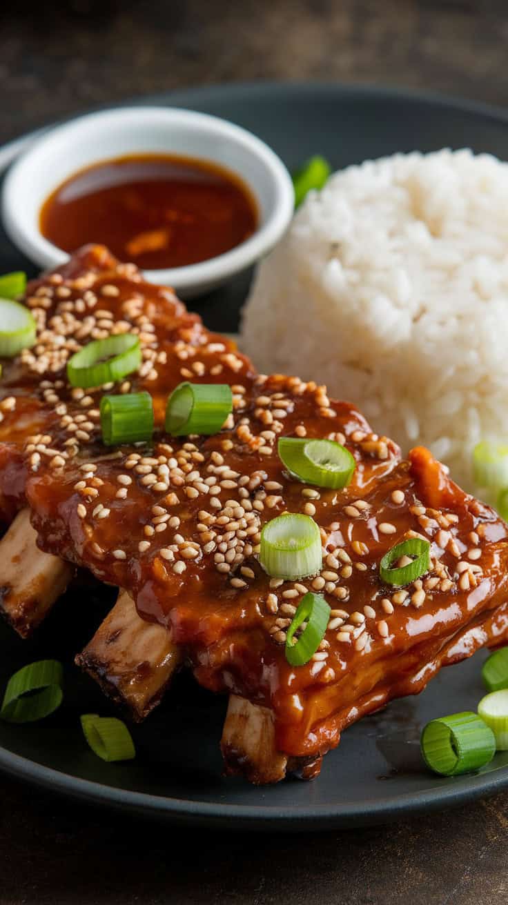 Chinese-style honey hoisin sticky ribs served on a dark plate, coated in a rich caramelized glaze. Garnished with sesame seeds and green onions, with a side of jasmine rice and extra sauce for dipping.