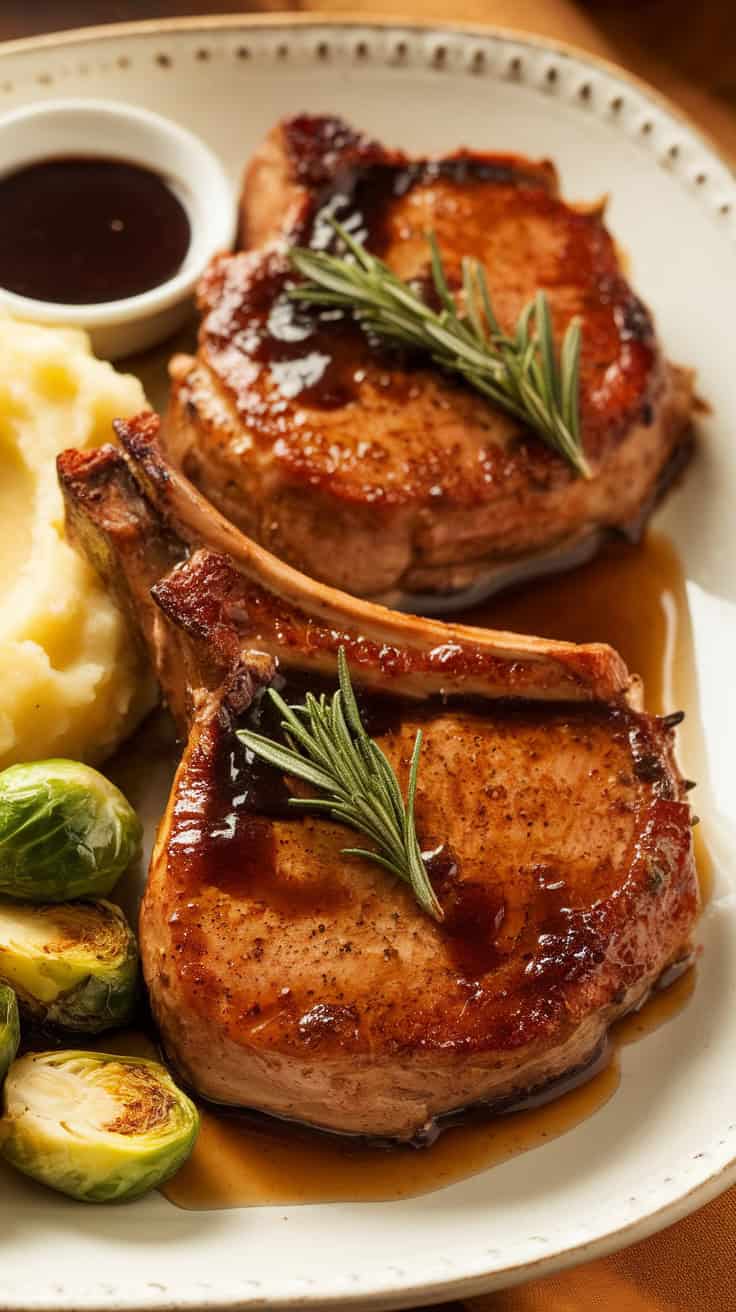 Glazed balsamic fig pork chops plated with garlic mashed potatoes and roasted Brussels sprouts, garnished with fresh rosemary and served with extra sauce on the side.