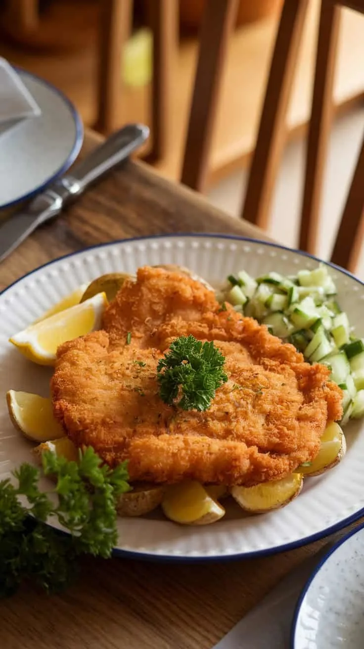 A photo of a plated serving of crispy pork schnitzel on a white ceramic plate. The schnitzel is golden and crunchy, garnished with fresh parsley and served with lemon wedges, roasted potatoes, and a side of cucumber salad. The setting is warm and inviting.
