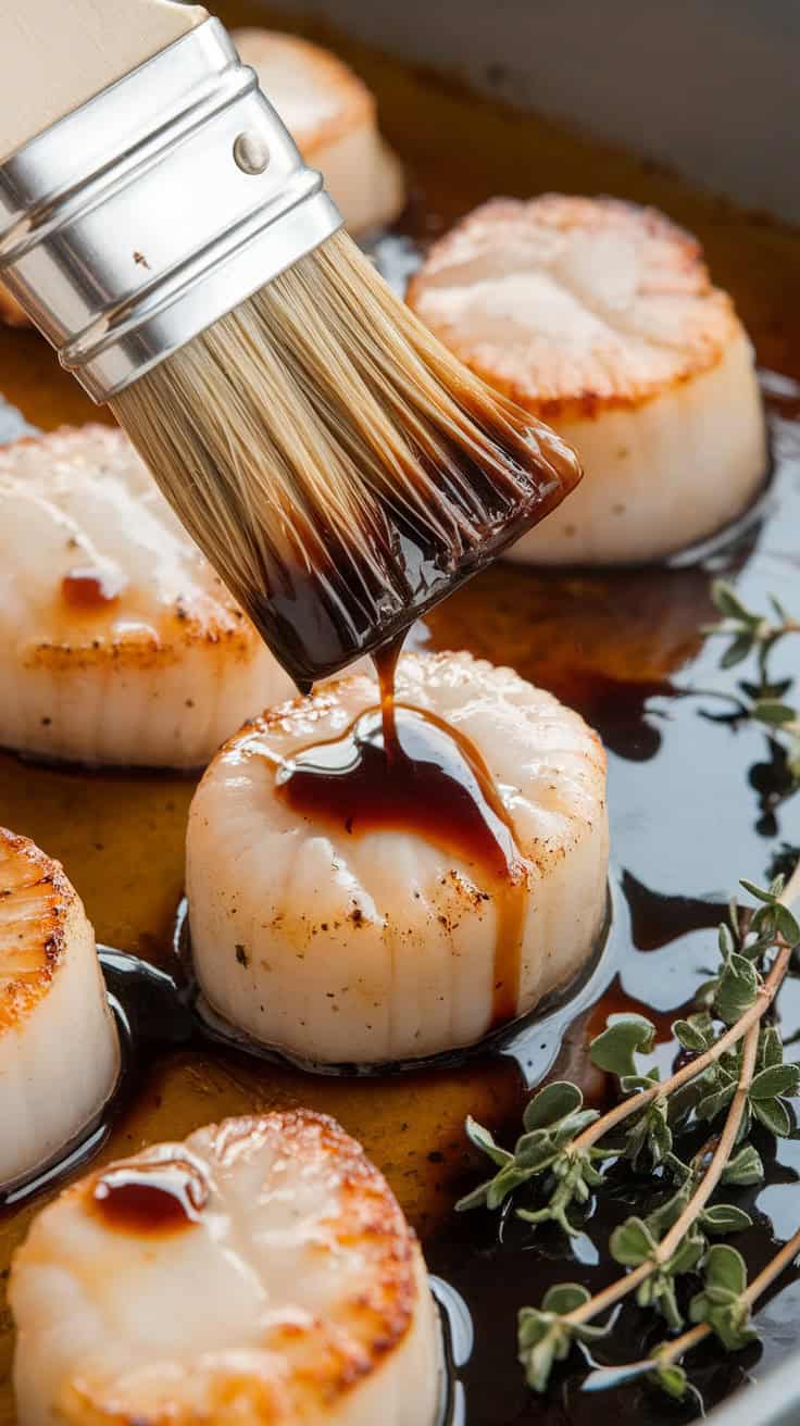 Scallops in a baking dish, coated in a rich balsamic glaze. A brush is seen adding more glaze, creating a glossy, caramelized finish.