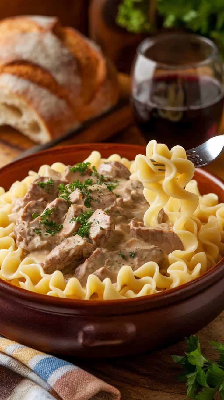 A bowl of Russian beef stroganoff served over buttery egg noodles, garnished with fresh parsley, with a side of rustic bread and a glass of red wine in the background.