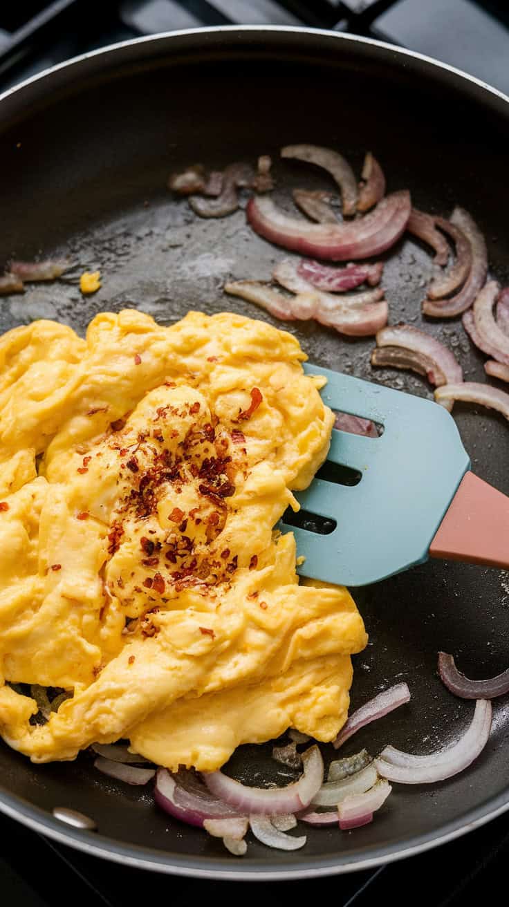 A photo of a skillet with scrambled eggs cooking gently alongside sautéed onions. The eggs have a sprinkle of chili flakes and are starting to set. A spatula is stirring the mixture over low heat.