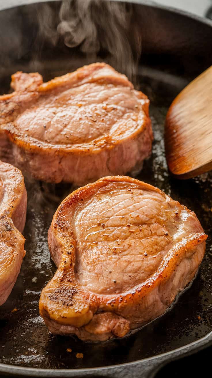 Pork chops searing in a cast-iron skillet, developing a golden-brown crust. The high heat helps lock in moisture, while the surface caramelizes, creating a flavorful base for the bourbon glaze. Steam rises as the pork cooks, adding to its rich, savory aroma.