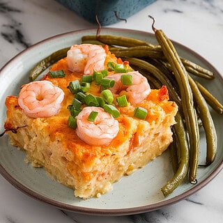 A photo of a golden baked shrimp and grits casserole, served in a square portion on a plate. The dish is topped with chopped green onions. Paired with the casserole is a side of roasted green beans. The background features the full baking dish resting on a marble counter.