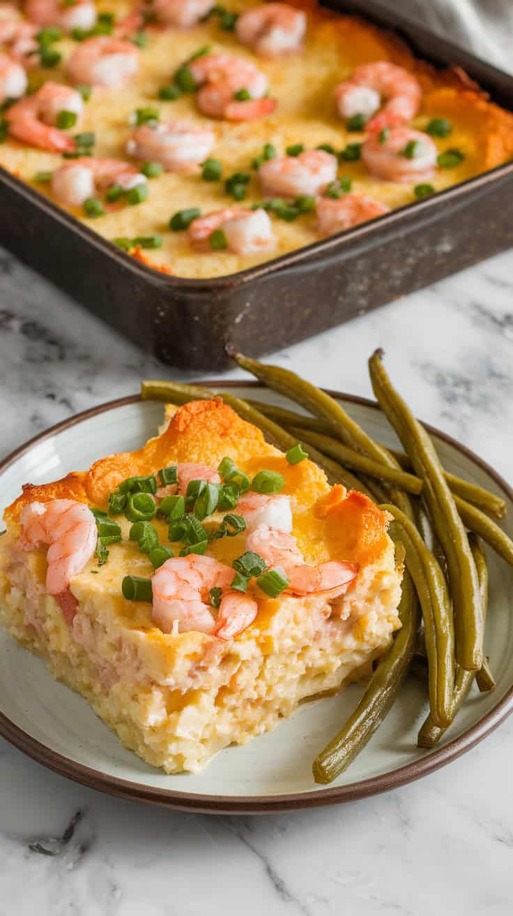 A photo of a golden baked shrimp and grits casserole served in a square portion on a plate. The casserole is topped with chopped green onions. The dish is paired with roasted green beans on the side. The background reveals a full baking dish resting on a marble counter.