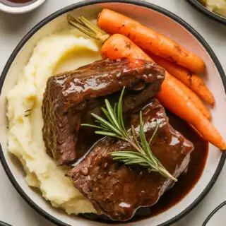 Top-down image of Braised Beef Short Ribs served on a plate. The short ribs are tender and coated in a rich, glossy red wine reduction sauce. Served with creamy mashed potatoes and roasted carrots, the dish is garnished with fresh rosemary for a rustic and elegant presentation. A side of extra sauce adds an irresistible finishing touch to this comforting meal.