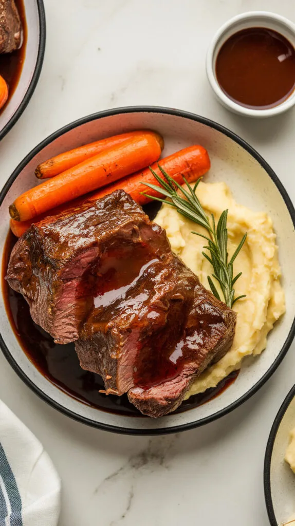 Top-down image of Braised Beef Short Ribs served on a plate. The short ribs are tender and coated in a rich, glossy red wine reduction sauce. Served with creamy mashed potatoes and roasted carrots, the dish is garnished with fresh rosemary for a rustic and elegant presentation. A side of extra sauce adds an irresistible finishing touch to this comforting meal.