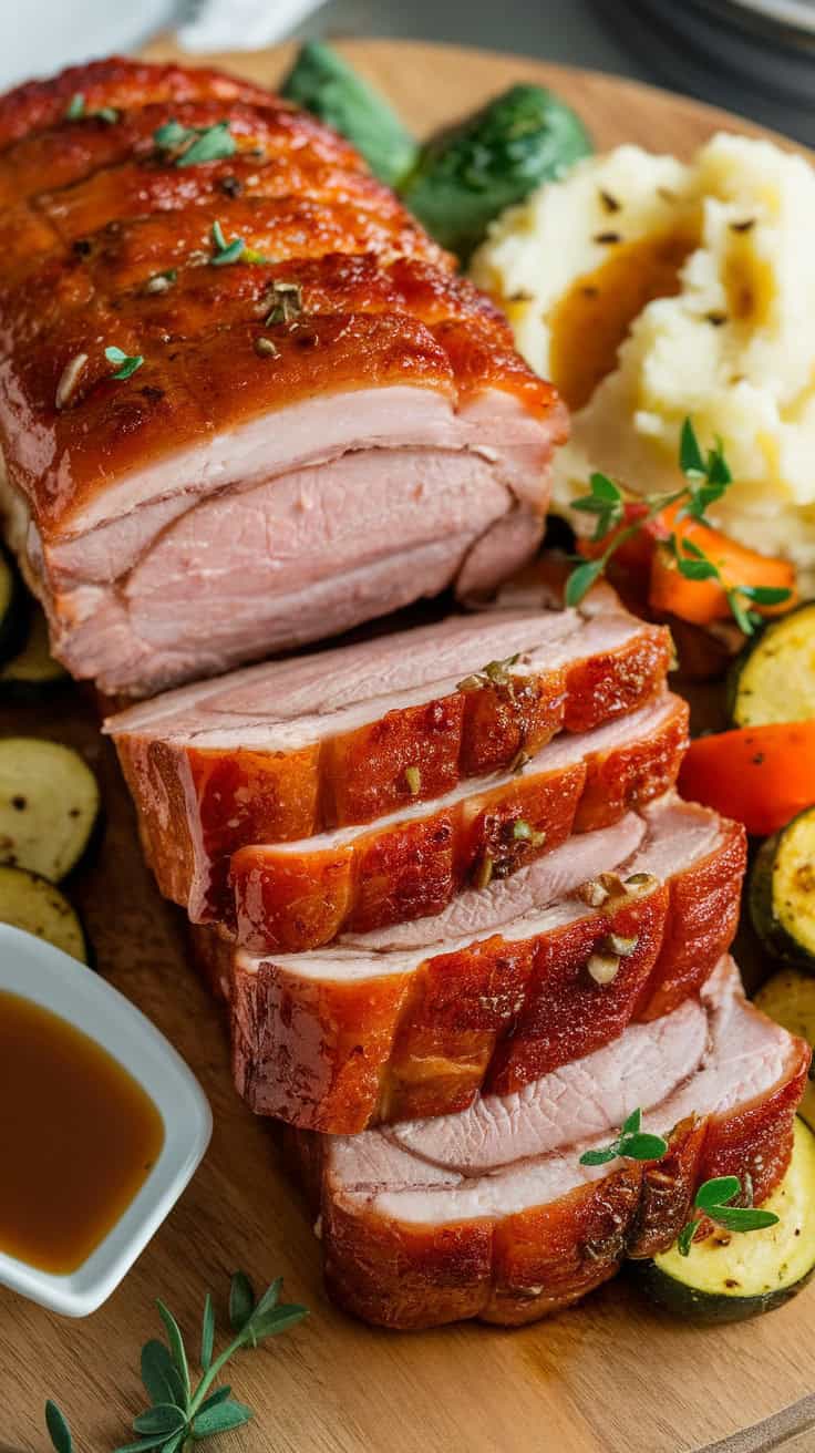Sliced maple-glazed pork belly with crispy skin and tender layers of meat, served on a wooden board with roasted vegetables, mashed potatoes, and a side of maple glaze.