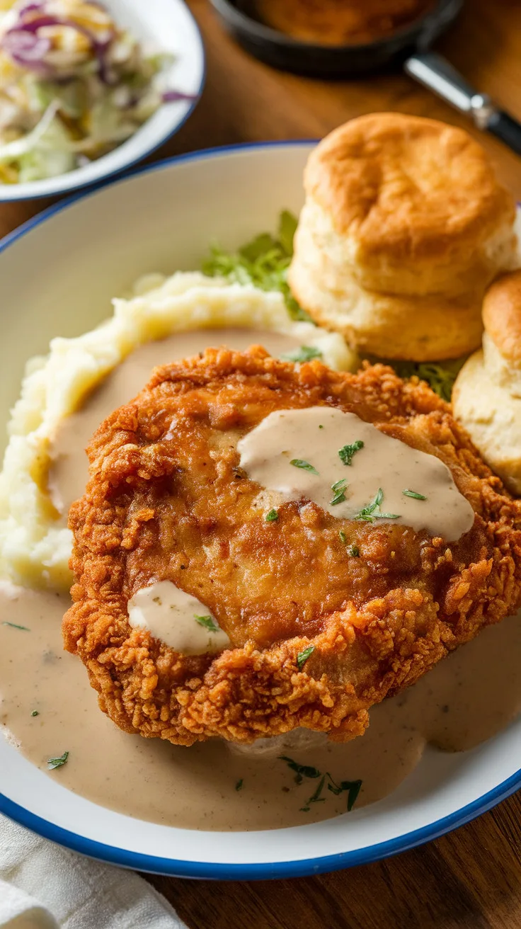 Southern Fried Pork Steak with a golden, crispy crust, served with mashed potatoes, gravy, and biscuits. The dish captures the rich flavors and textures of a classic Southern meal.
