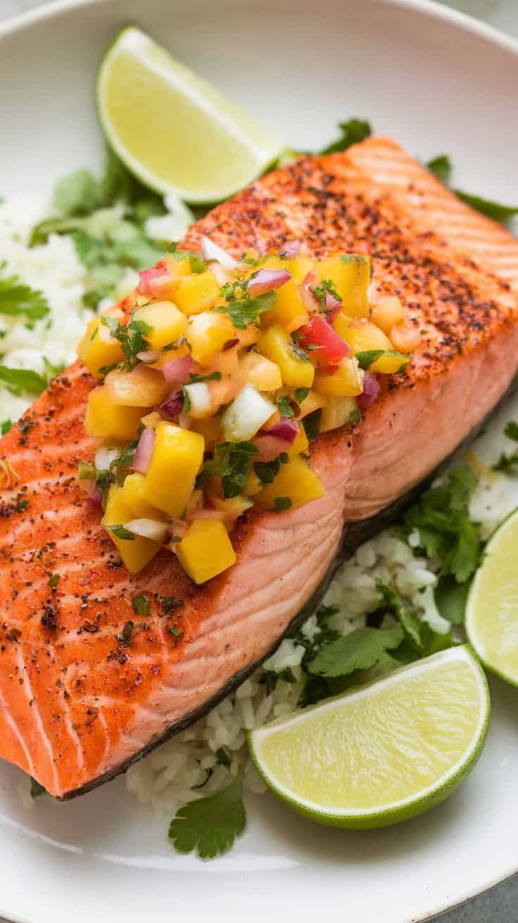 Spicy mango salsa salmon plated with a colorful mango salsa topping, served alongside cilantro lime rice. The fresh salsa balances the heat from the jalapeño, making each bite bright and flavorful.