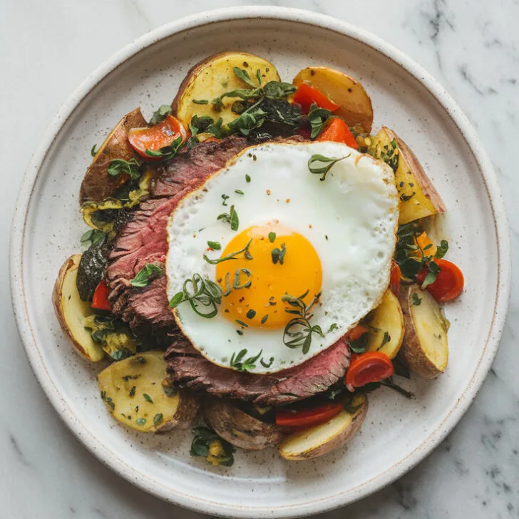 A top-view photo of the final serving of steak egg potato hash on a white ceramic plate. The dish includes crispy potatoes, sautéed vegetables, and a perfectly fried egg on top, garnished with fresh herbs. The plate is placed on a marble countertop, ready to be served. The background is clean and sophisticated.