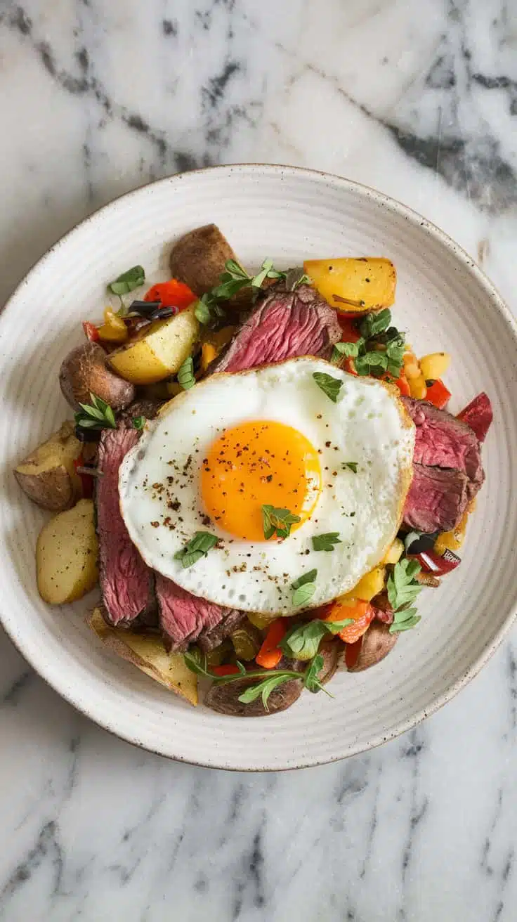 A photo of a top-view of the final serving of steak egg potato hash on a white ceramic plate. The dish includes crispy potatoes, sautéed vegetables, and a perfectly fried egg on top, garnished with fresh herbs. The plate is placed on a marble countertop, ready to be served.