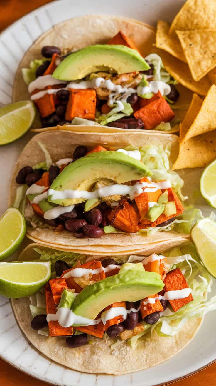 A photo of three assembled tacos on a white ceramic plate. The tacos have a base of roasted sweet potatoes, black beans, shredded cabbage, avocado slices, and are drizzled with lime crema. The tacos are garnished with fresh cilantro. The plate is placed on a wooden surface. A lime wedge and a sprinkle of red pepper flakes are placed beside the plate. The background is blurred and contains a few kitchen utensils.