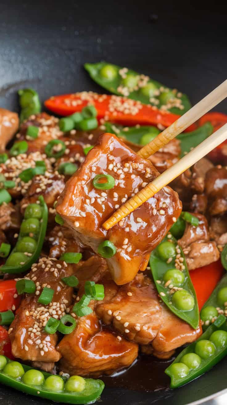 A flavorful sweet and spicy pork stir-fry with bell peppers and snap peas, coated in a thick, glossy sauce. The dish is garnished with sesame seeds and green onions, ready to be served over rice or noodles.
