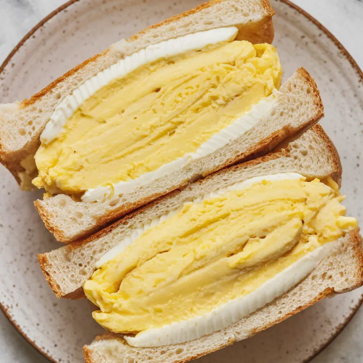 A top-view photo of the final serving of Tamago Sando on a white ceramic plate. The scrambled eggs are placed between soft slices of toasted white bread, with a light layer of mayonnaise. The sandwich is sliced and served on a marble countertop.