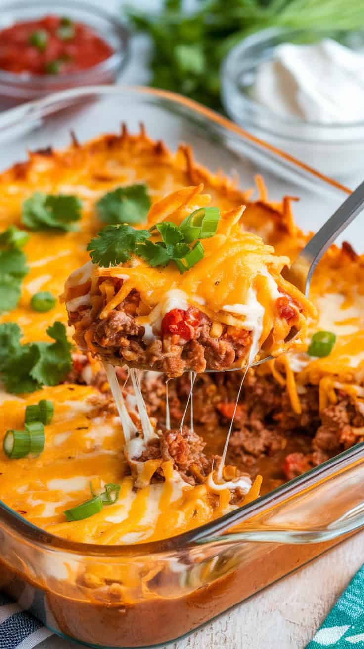 A hot and cheesy Tex-Mex beef taco casserole fresh out of the oven, topped with golden melted cheese, crispy tortilla chips, and fresh cilantro, with a serving spoon lifting a portion.