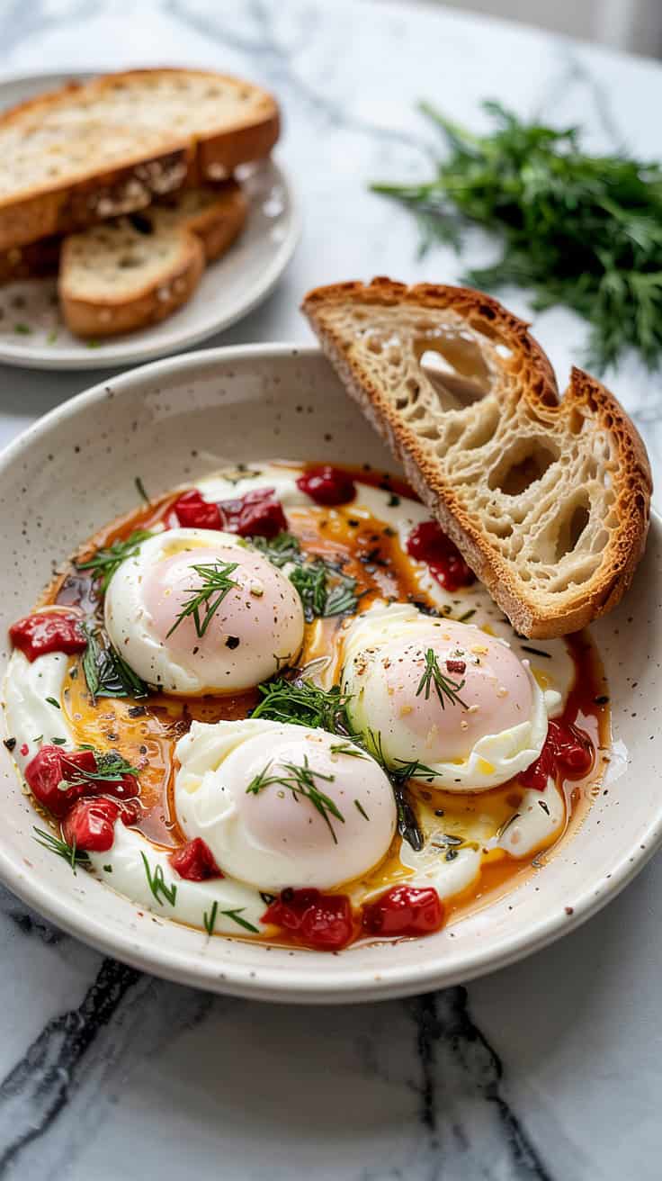 A photo of Turkish eggs served in a shallow white ceramic bowl on a marble countertop. The poached eggs sit atop garlicky yogurt, drizzled with red pepper butter, and sprinkled with chopped dill. There are crusty sourdough toast slices on the side for dipping. The background is clean and simple.