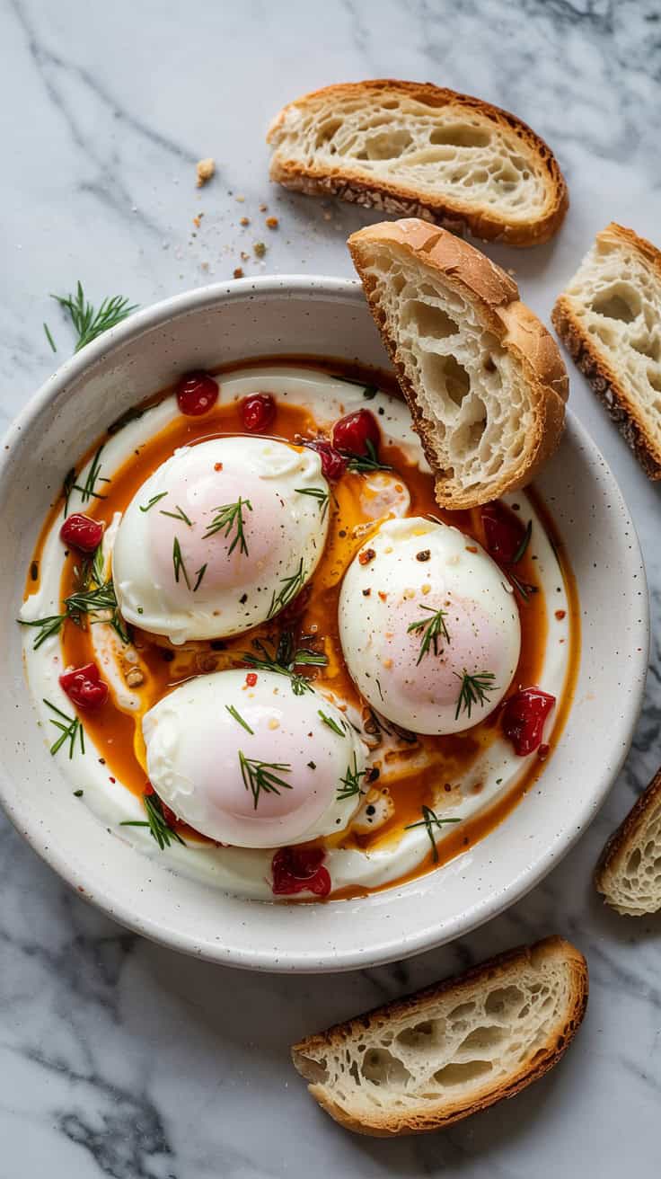 A photo of a top view of a shallow white ceramic bowl containing Turkish eggs. The eggs are poached and sit atop a garlicky yogurt sauce. The sauce is drizzled with red pepper butter and sprinkled with chopped dill. The bowl is placed on a marble countertop. There are crusty sourdough toast slices on the side for dipping.