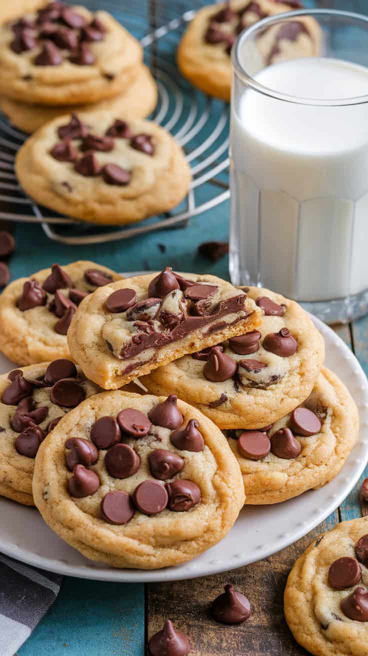 A photo of a plate of freshly baked vegan chocolate chip cookies with golden edges and soft centers. The cookies are generously loaded with melted chocolate chips. Some cookies are stacked, while others are casually arranged. A glass of almond milk is placed beside the cookies. The background features a rustic wooden table with a few scattered chocolate chips.