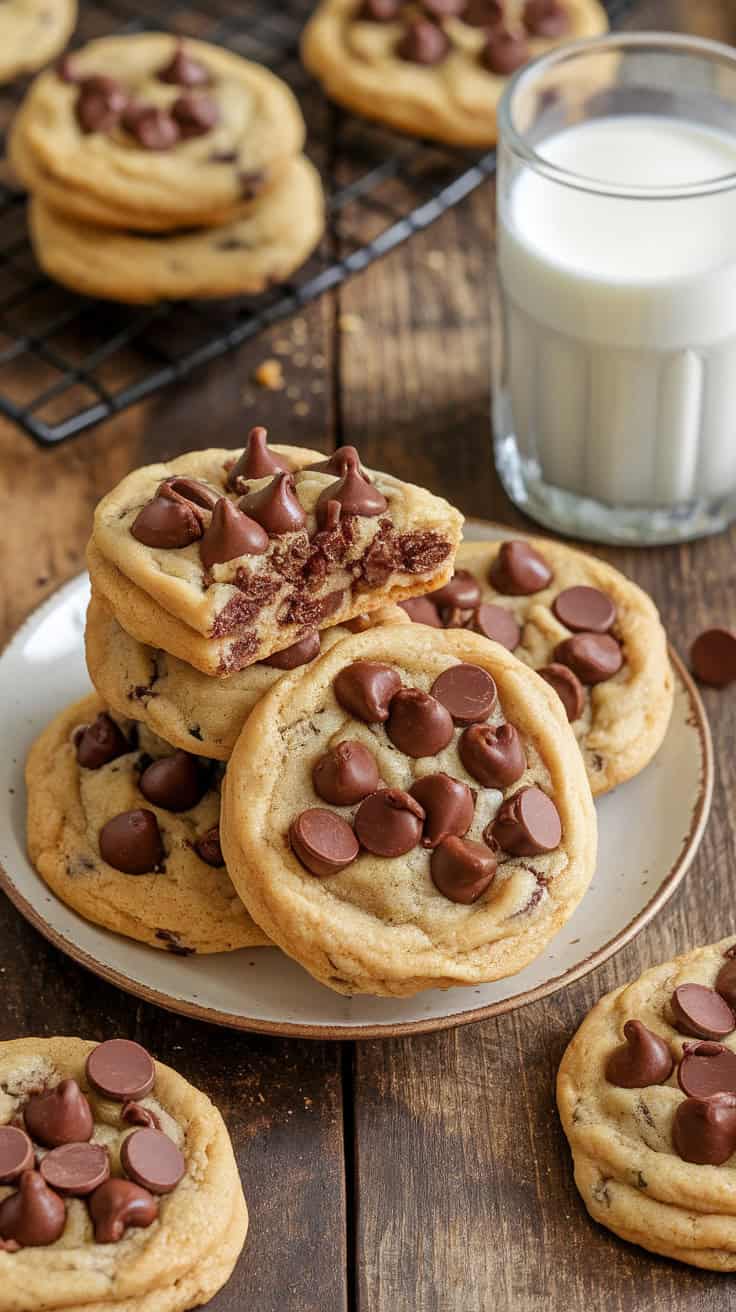 A photo of a rustic wooden table with a plate of freshly baked vegan chocolate chip cookies. The cookies have golden edges and soft centers, and they are generously loaded with melted chocolate chips. Some cookies are stacked, while others are casually arranged. There is a glass of almond milk beside the plate of cookies. The background features a rustic wooden table with a few scattered chocolate chips.