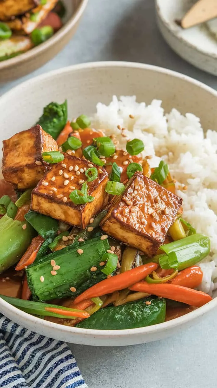 A photo of a white ceramic bowl filled with a vegetable stir-fry dish. The dish contains crispy tofu pieces, vibrant stir-fried vegetables, and a glossy, flavorful sauce. The bowl is garnished with sesame seeds and chopped green onions. There is a side of steamed rice. The background is clean.