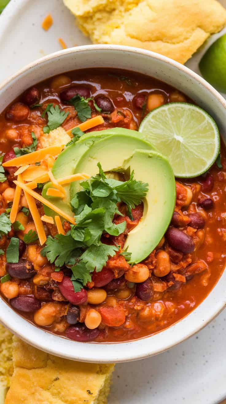 A photo of a bowl of vegetarian chili. The chili is thick and rich, with vibrant colors from the beans, tomatoes, and fresh toppings. It is served in a white ceramic bowl and is topped with sliced avocado, chopped cilantro, shredded cheese, and a lime wedge on the side. The chili is accompanied by a side of warm cornbread.