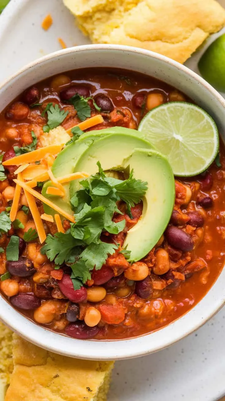 A photo of a bowl of vegetarian chili. The chili is thick and rich, with vibrant colors from the beans, tomatoes, and fresh toppings. It is served in a white ceramic bowl and is topped with sliced avocado, chopped cilantro, shredded cheese, and a lime wedge on the side. The chili is accompanied by a side of warm cornbread.