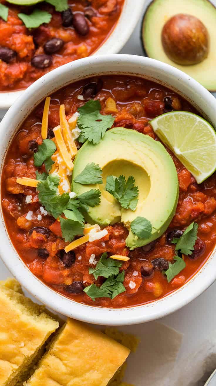 A photo of a bowl of vegetarian chili. The chili is thick and rich, with vibrant colors from the beans, tomatoes, and fresh toppings. It is served in a white ceramic bowl and is topped with sliced avocado, chopped cilantro, shredded cheese, and a lime wedge on the side. The chili is accompanied by a side of warm cornbread.
