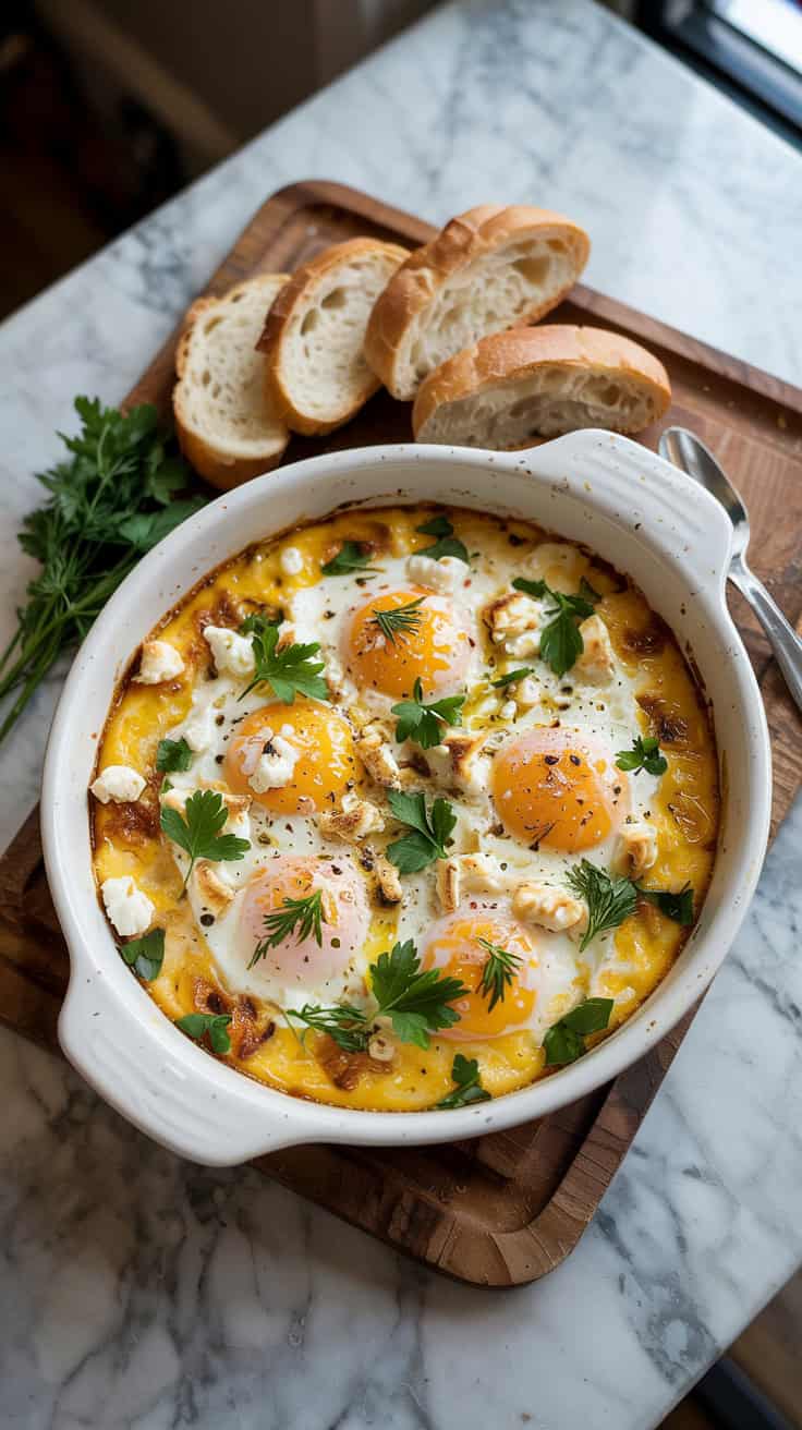 A top view photograph of creamy baked feta eggs served in a white ceramic dish on a marble countertop. The dish is filled with a golden yellow egg mixture, speckled with crumbled feta cheese and garnished with fresh green herbs like parsley and dill. Accompanying the dish are several slices of crusty bread arranged neatly on the side, perfect for scooping up the creamy mixture. The marble countertop has a smooth, polished surface with subtle gray veining, and the lighting is soft and warm, highlighting the rich colors of the dish.