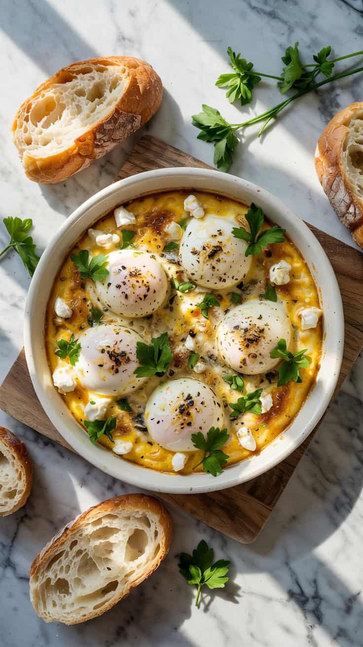 A top-down photograph of creamy baked feta eggs served in a white ceramic dish on a smooth marble countertop. The dish is filled with a golden-yellow custard-like mixture, speckled with crumbled feta cheese and garnished with fresh, vibrant green herbs like parsley and chives. Surrounding the dish are slices of crusty artisanal bread, perfectly positioned for scooping, with the countertop subtly reflecting the natural light that bathes the scene.