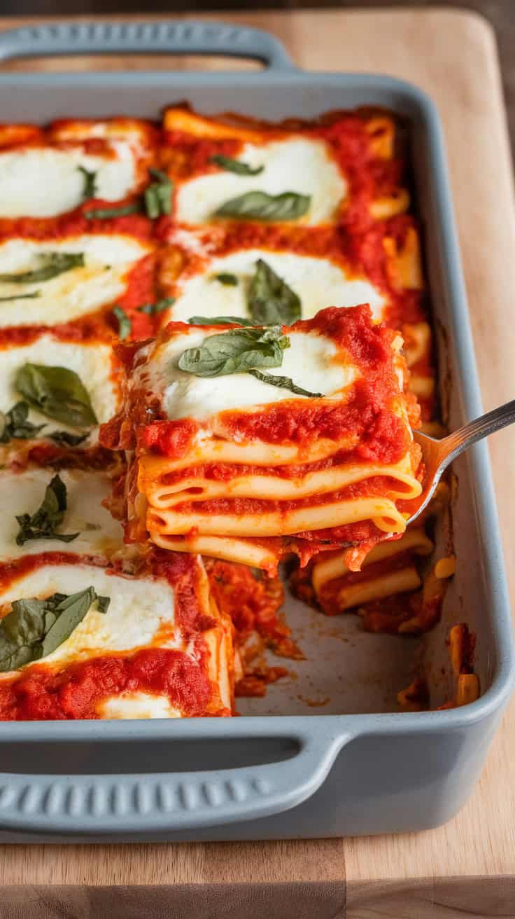 A photo of a baking dish filled with freshly baked ziti. The top layer of melted mozzarella is bubbling and slightly golden. A spoon lifts a portion, revealing layers of pasta, creamy ricotta, and thick tomato sauce. Chopped basil is sprinkled on top for a fresh finishing touch.