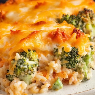 A photo of a final serving of cheesy broccoli-and-rice casserole. The cheese is melted and bubbling on top, and steam rises slightly from the cut edge. The dish is served on a white plate. There are green specks of broccoli and rice mixed with a creamy, orange sauce, topped with a golden, cheesy layer.