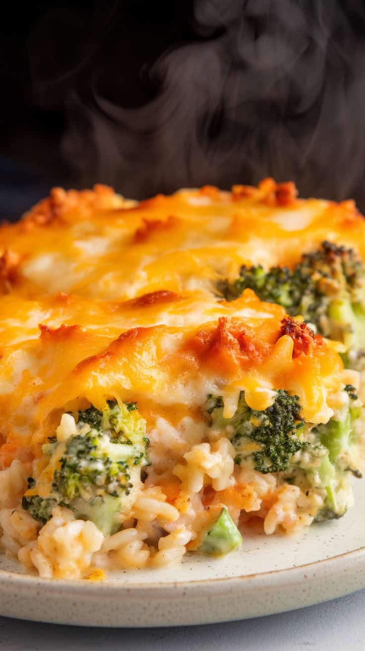 A photo of a final serving of cheesy broccoli-and-rice casserole. The cheese is melted and bubbling on top, and steam rises slightly from the cut edge. The dish is served on a white plate. There are green specks of broccoli and rice mixed with a creamy, orange sauce, topped with a golden, cheesy layer.