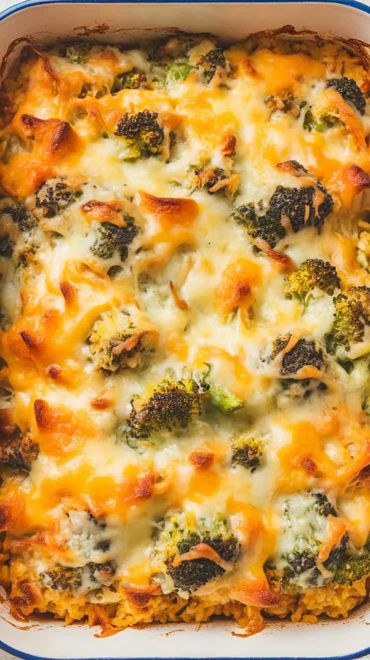 A photo of a 9x13 inch casserole dish filled with a fully cooked cheesy broccoli-and-rice casserole. The dish has a golden-brown top with melted cheese and small bubbles. The edges of the casserole have a slightly steaming effect. The background is clean and simple.