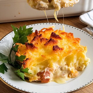 A photo of a freshly baked cheesy potato casserole in a white ceramic baking dish. The surface of the casserole is golden brown and bubbling. A serving spoon lifts a portion of the casserole, revealing the creamy, cheesy layers underneath. A plate with a serving of the casserole sits nearby, garnished with fresh parsley.